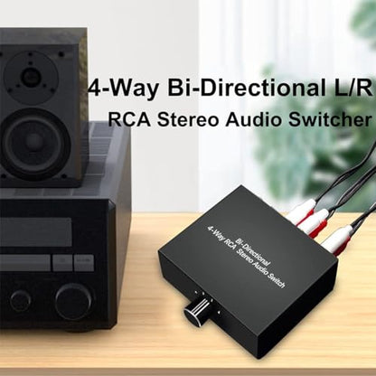 4 Ports Bi-Directional R L RCA Audio Switcher Box Audio Rotary Switch Plug and Play Audio Splitter for TV Game Console Easy Install Easy to Use, Black, 500448133