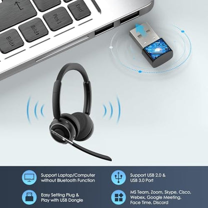 PrancyBt Wireless Headset with Noise Cancelling Microphone, Bluetooth Headset with Mic for Work, Wireless Headphones with Mute & USB Dongle for Work from Home/PC/Computer/Call Center