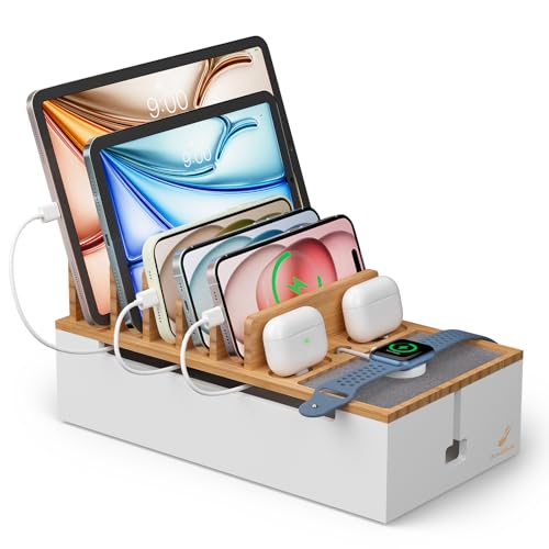 Pezin & Hulin Cable Management Box, Wire Organizer for Cords-Natural+White | Charge Station Box, Desktop Dock Organizer Rack for Electronic Device (Include 6 Cables)(No Power Adapter) - color: Natural + White (No Charger)
