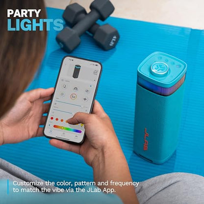 JLab, JBuds Party, Portable Bluetooth Speaker, Waterproof Outdoor Speaker, RGB Lighting, Multi-Speaker Connect, Cyan - color: Cyan