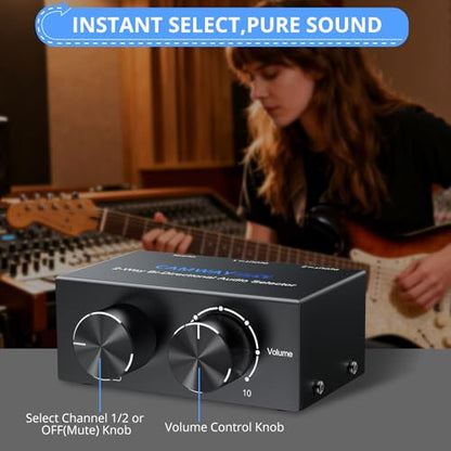 CAMWAY 2X1,1X2 RCA Switcher - RCA L/R and Aux 3.5mm Bi-Directional Stereo Audio Selector Box, Portable with Volume/Off Knob,Professional Audio Splitter for Multiple Audio Source