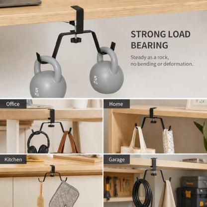 Clamp-On Under Desk Hook – Adjustable Headphone & Bag Holder for Table/Desk – Fits 1-5cm Plate – Reduces Clutter (Black)