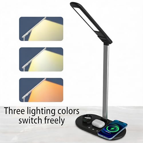 IHAO 3in1 Wireless Charging Eye-Care Desk Lamp 15W Fast Charging Station for Phone, Smartwatch & Earbuds, Touch Control Dimmable LED Light Adjustable Gooseneck, Modern Office Table Lamp-HYT2096 Black - color: Table Lamp 3in1 wireless charger HYT2096 Black