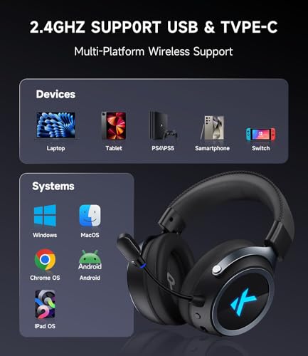 MCHOSE X9 Wireless Gaming Headset with 200 Hours Battery Life, 2.4GHz/Wireless/Wired, 53mm Driver, 7.1 Surround Sound, Low Latency Mic, RGB, Multi-Platform Compatibility, Mobile - color: Rose Red
