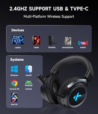 MCHOSE X9 Wireless Gaming Headset with 200 Hours Battery Life, 2.4GHz/Wireless/Wired, 53mm Driver, 7.1 Surround Sound, Low Latency Mic, RGB, Multi-Platform Compatibility, Mobile - color: Rose Red
