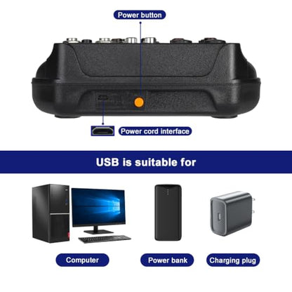 DJ Audio Mixer, DJ Mixers 4 Channel Sound Board with Bluetooth, Sound Mixer Board XRL/1/4" Interface, USB/MP3 Computer Input 48V Phantom Power Stereo DJ Studio Streaming KTV Stage