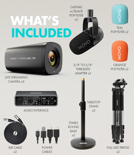 Movo Video Podcast Equipment Bundle – USB Audio Interface, 2 XLR Dynamic Microphones, 2 4K UHD Cameras, 2 Desk Stands – Complete Podcast Setup