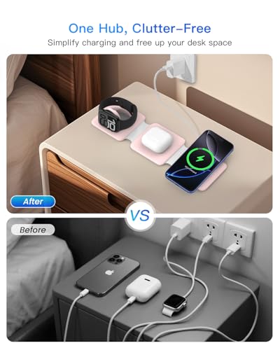 Charging Station for Apple Multiple Devices: 3 in 1 Foldable Magnetic Wireless Charger Stand - Travel Charging Dock Compatible with iPhone 17 16 15 14 13 12 Pro Max Plus Apple Watch AirPods - color: Pale-pink