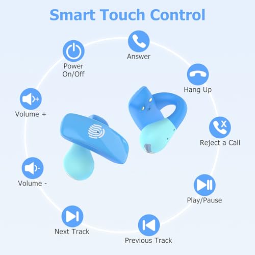 iDIGMALL Kids Wireless Earbuds, Open Ear Clip On Headphones for Teen, Blue | 85dB Volume Limit, 20 Hours Charging Case, Bluetooth 5.4, Built-in Mic, For Teens Child Girls Boys Home School Travel Sports - color: Blue