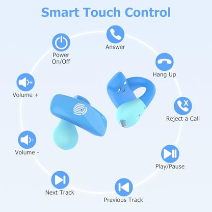 iDIGMALL Kids Wireless Earbuds, Open Ear Clip On Headphones for Teen, Blue | 85dB Volume Limit, 20 Hours Charging Case, Bluetooth 5.4, Built-in Mic, For Teens Child Girls Boys Home School Travel Sports - color: Blue