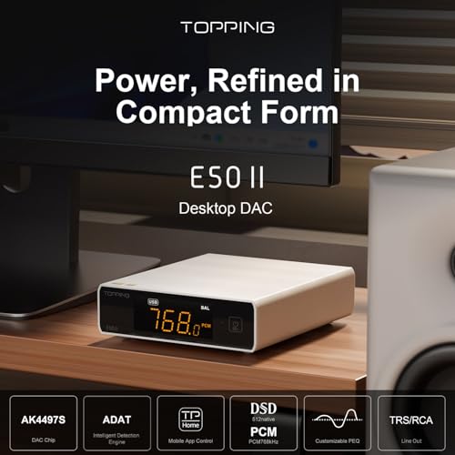 Topping E50 II Desktop DAC Preamp, USB/Optic/Coaxial/Bluetooth Inputs, AK4497S Balanced Digital to Analog Audio Converter, 10-Band PEQ, Balanced TRS/RCA Output, HiFi Decoder with APP Control, Black