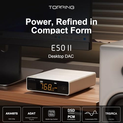 Topping E50 II Desktop DAC Preamp, USB/Optic/Coaxial/Bluetooth Inputs, AK4497S Balanced Digital to Analog Audio Converter, 10-Band PEQ, Balanced TRS/RCA Output, HiFi Decoder with APP Control, Black