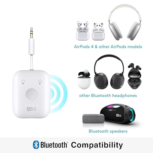 MEE audio Connect Air in-Flight Bluetooth Wireless Audio Transmitter Adapter for up to 2 AirPods / Other Headphones; Works with All 3.5mm Aux Jacks on Airplanes, Gym Equipment, TVs, & Gaming Consoles - color: White, style: Connect Air