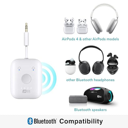 MEE audio Connect Air in-Flight Bluetooth Wireless Audio Transmitter with 2-Pack Airplane Adapter, for up to 2 AirPods/Other Headphones; Works with All 3.5mm AUX Jacks, White - color: White