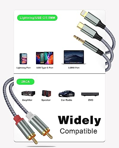 3 in 1 Lightning USB C 3.5mm to 2 RCA Audio Cable for Car Amplifier