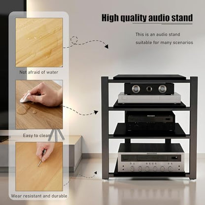 Heavy Duty Audio Rack Tower, Av Media Player Stand with Wooden Shelves, Black Cd Stereo Equipment Cabinet, Suitable for Home,Office/Audio Video/Theate (Black, 4 Tier) - size: 4 Tier