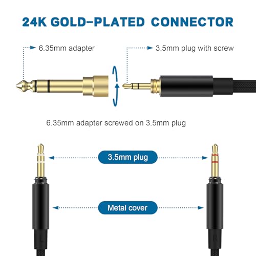 Saipomor 9.8FT Replacement Audio Cable Compatible with Beyerdynamic T1 2nd Gen, T5P 2nd/3rd Gen Headphones – 3.5mm AUX Cord with 6.35mm Adapter, Detachable Stereo Headphone Cable