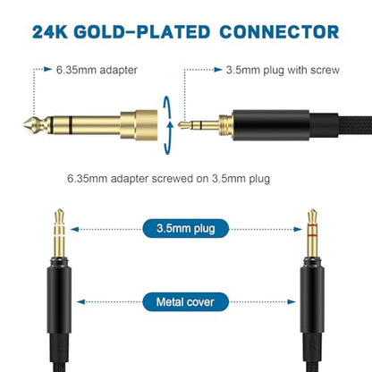 Saipomor 9.8FT Replacement Audio Cable Compatible with Beyerdynamic T1 2nd Gen, T5P 2nd/3rd Gen Headphones – 3.5mm AUX Cord with 6.35mm Adapter, Detachable Stereo Headphone Cable