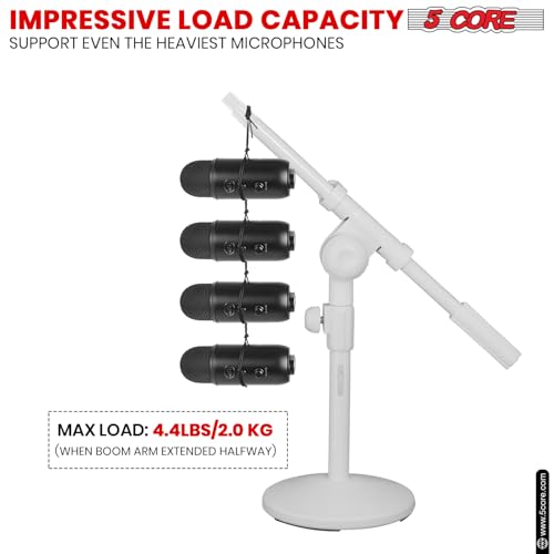 5 Core Desk Microphone Stand Adjustable Round Base with Boom Arm, 3/8'' and 5/8/'' Threaded Mount and Mic Holder for Kick Drums Guitar Amps White - MSSB W