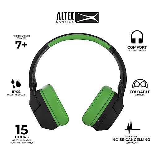 Altec Lansing Kid Safe Noise Cancelling Wireless Headphones 15H Battery, 85dB Volume Limit, Foldable Design Powerful Sound, Active Noise Cancellation Perfect for Kids Ages 7+ (Blackout Green) - color: Blackout Funky Green