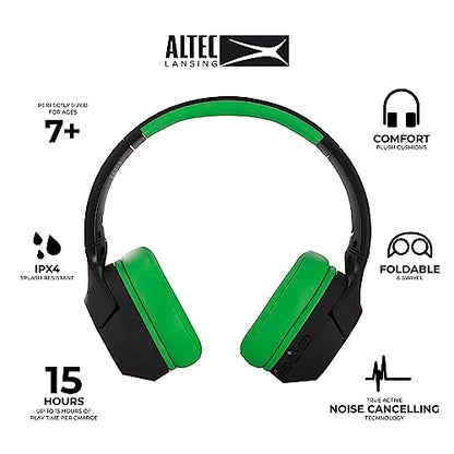 Altec Lansing Kid Safe Noise Cancelling Wireless Headphones 15H Battery, 85dB Volume Limit, Foldable Design Powerful Sound, Active Noise Cancellation Perfect for Kids Ages 7+ (Blackout Green) - color: Blackout Funky Green