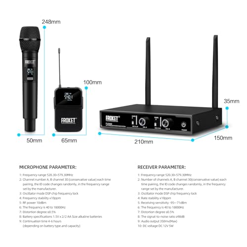 FU-2002 Dual Handheld UHF Wireless Microphone System - 260ft Range, Auto Pairing, LCD Display for Church/Speech/Meeting