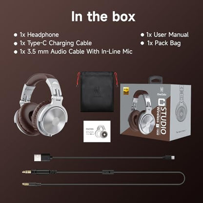 OneOdio Pro C Wired & Wireless Over-Ear Headphones, 110H, 50mm Drivers | Wired 3.5mm and wireless Bluetooth modes with 110H playtime, 50mm drivers and HD mic for PC, podcast and studio work - color: Silver