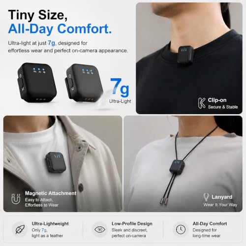 Wireless Lavalier Microphone for iPhone/Android/Camera, Mini Lapel Mic with 2 TX + 1 RX + Charging Case, Noise Cancelling, 48H Battery, 250M Range, Plug-Play for Vlogging Live Streaming - color: dark black