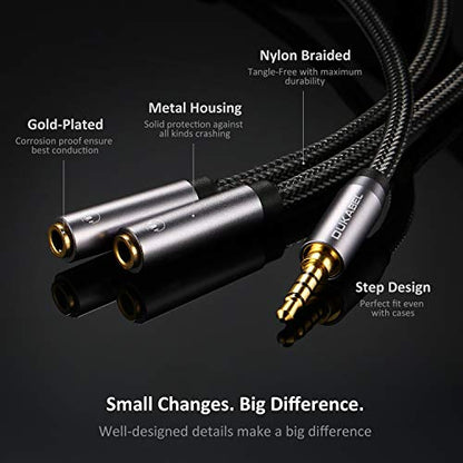 Headphone Splitter, Strong Braided & Gold-Plated 3.5mm Stereo Audio Y Splitter Cable 4-Pole Male to 2-Female Port Audio Stereo Cable Dual Headphone Jack Adapter Top Series | Hi-Fi Stereo Sound, 24K Gold-Plated, TRRS Mic Support, Music Sharing, for Phone,