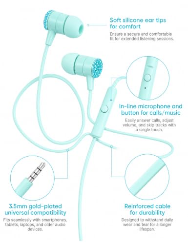 2-Pack Teens Wired Earbuds with Glitter Skyblue Case, School Headphones | GOGOSINIS 2-pack Wired Student Earbuds with Glitter Skyblue case, 3.5mm Headphones,Mini Carabiner Clip for School Backpacks - color: Diamond Blue