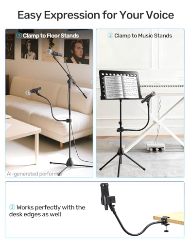 19-In Gooseneck Mic Holder Stand, Clip on Mic Stand with Super Crab Clamp | 5/8-3/8 Adapter, Compatible with Shure, Pyle, Blue Snowball, Razer, Flexible Mic Arm Mount for Music Performance, Sturdy Clip