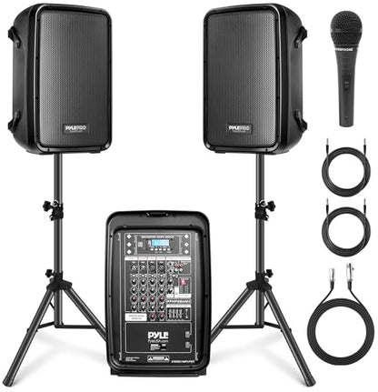 Pyle PA Speaker DJ Mixer Bundle - 300 W Portable Wireless Bluetooth Sound System w/ USB SD XLR 1/4" RCA Inputs - Dual Speaker, Mixer, Microphone, Stand, Cable - Home/Outdoor Party - PPHP28AMX,Black