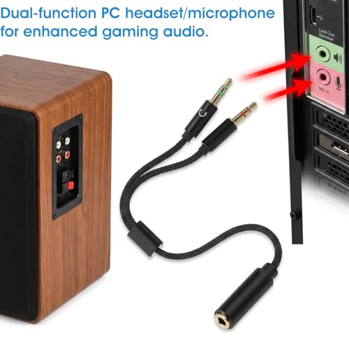 2PCS Headphone Mic Splitter, 3.5mm TRRS Female to Dual Male TRS Adapter