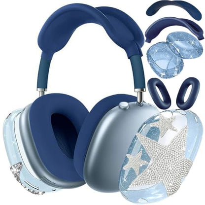 [4 in 1] Case Cover for AirPods Max 2/1 (2026/2024/2020) Ear Pad Case Cover/Headband Cover/Ear Cups Cover with Bling Star for Apple AirPods Max Headphones (Bling Deep Blue Star) - color: Bling Deep Blue Star