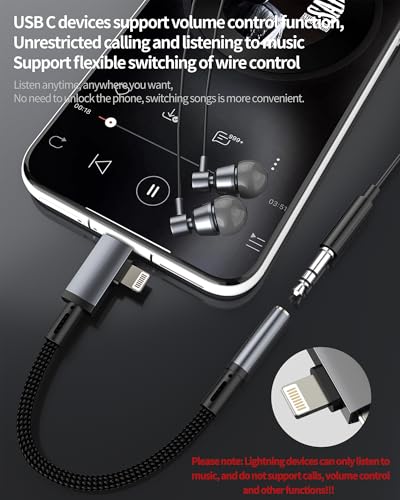USB C Lightning to 3.5mm Headphone Jack Adapter(2 in 1) for iPhone 16 15 14 Pro Max AUX Audio Cable Splitter MFI Certified Earphone Auxiliary Connector for ipad Compatible for Samsung S25 S24