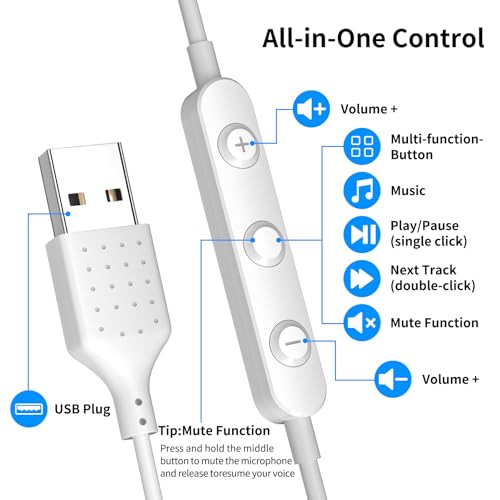 USB Earbuds for PC,Headphones with Microphone for Computer,White - color: White