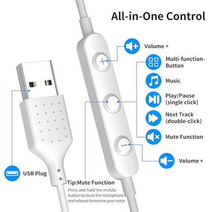 USB Earbuds for PC,Headphones with Microphone for Computer,White - color: White