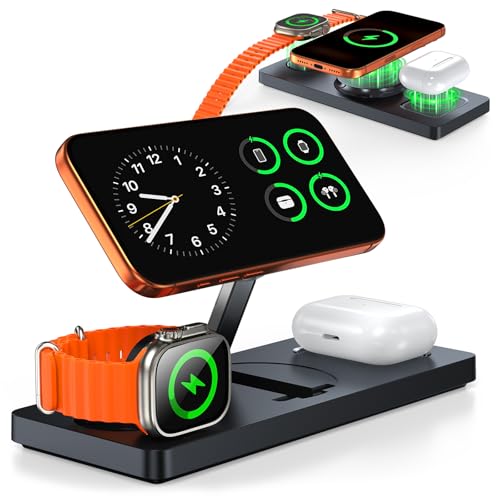 Foldable 3-in-1 Wireless Charging Station for Apple Magsafe Charger Stand, Travel-Friendly Fast Magnetic Wireless Charger Station for iPhone 17/16/15/14/13/12, Apple Watch & AirPods Series, Black | Travel-Friendly Fast Magnetic Wireless Charger Station fo