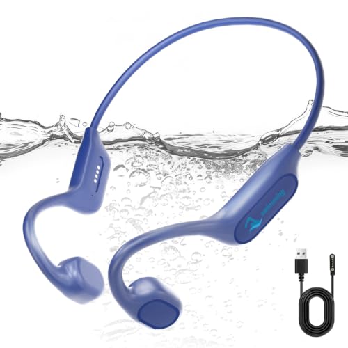 Swimming Headphones Bone Conduction Bluetooth 6.0 IPX8 Waterproof 32G MP3 | Open-ear comfort,clear audio in water,phone-free playlists,secure fit with caps and goggles,stable above-water pairing - color: Navy blue