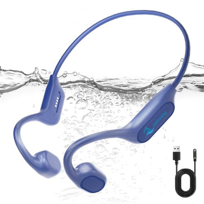Swimming Headphones Bone Conduction Bluetooth 6.0 IPX8 Waterproof 32G MP3 | Open-ear comfort,clear audio in water,phone-free playlists,secure fit with caps and goggles,stable above-water pairing - color: Navy blue
