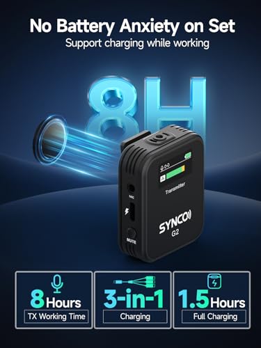 SYNCO G2(A2) Wireless Lavalier Microphone with 48KHz 24Bit Noise Reduction 656FT Range Camera Microphone for DSLR/iPhone/Android/Laptop, Lapel Mic for Vlogging Streaming YouTube | 48kHz/24-bit audio vlogging, noise reduction, 656ft stable wireless range,