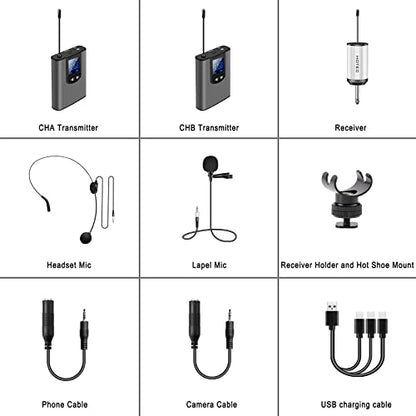 Hotec Wireless System with Dual Headset Microphones/Lavalier Lapel Mics and Bodypack Transmitters and One Mini Rechargeable Receiver 1/4" Output, for Live Performances