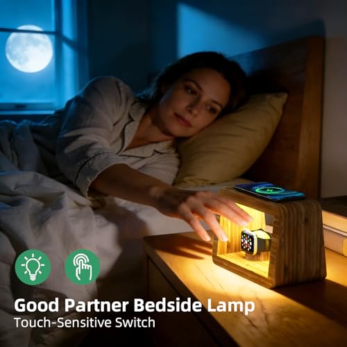 4 in 1 Bamboo Charging Station for Multiple Devices, 15W Fast Wireless Charger with Stepless Dimmable Night Light, Wood Style Dock Compatible with iPhone/iWatch/AirPods