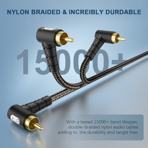EMK 90 Degree RCA Subwoofer Cable 24K Gold-Plated Connector Nylon Braided Double Shielded – Support Digital & Analog Signals for Amplifier, Home Theater, Hi-Fi System,Subwoofer Black/30ft/10m - size: 30ft/10m, style: Black*90°RCA to RCA