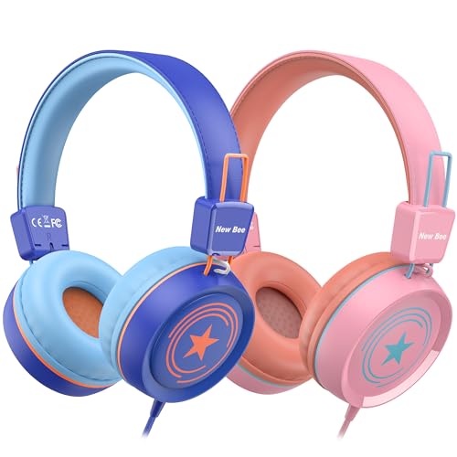 New Bee 2 Pack Kids Headphones with Microphone, 85dB/94dB Safe Volume Limited Childrens Headset, Foldable Wired Toddler Headphones Over Ear for School Travel Mac/Android/Kindle/Tablet/Pad Blue Pink - color: Blue Pink-2 Pack, size: wired