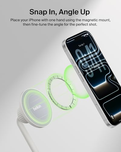 Belkin Stage Magnetic Tripod Phone Mount, MagSafe & Qi2 Compatible | 360-degree rotating holder, for iPhone 17 & 16, Android, TikTok, YouTube, streaming, influencer content - style: Magnetic Phone Holder