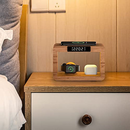 Bamboo Wireless Charging Station, Night Light with Digital Alarm Clock, Nightstand Charging Station for Apple Devices, Fast Wireless Charger for iPhone/Apple Watch/AirPods Pro