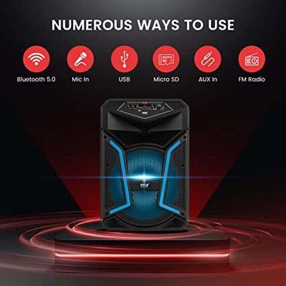 Pyle Portable Bluetooth PA Speaker System - 800W Outdoor Bluetooth Speaker Portable PA System w/ Microphone In, Party Lights, MP3/USB, FM Radio, Rolling Wheels - Mic, Remote - Pyle PPHP122SM,Black