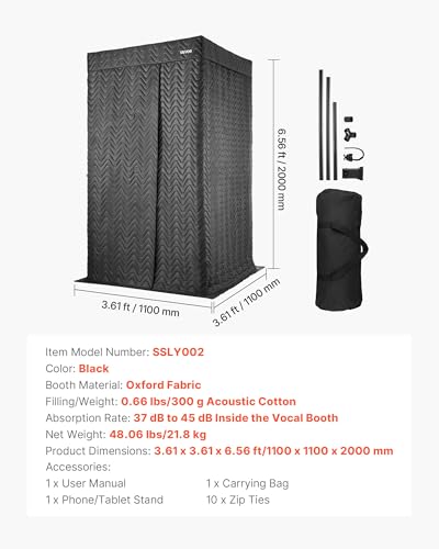 VEVOR Portable Vocal Booth 6.56 ft Pro-Grade Echo-Free Recording Booth | Thickened Soundproofing, Home Studio/Sound Isolation, with Travel Bag, Mobile Tablet Stand, for Vocals, Podcasts, Voiceovers - size: Vocal Booth Pro