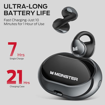 Monster Open Ear AC600 Headphones, Bluetooth 5.4 Wireless Earbuds with HiFi Stereo, Clip-On Earbuds with ENC Clear Call, 21H Playtime, IPX6 Waterproof Wireless Headphones for Outdoor Exercise,Black
